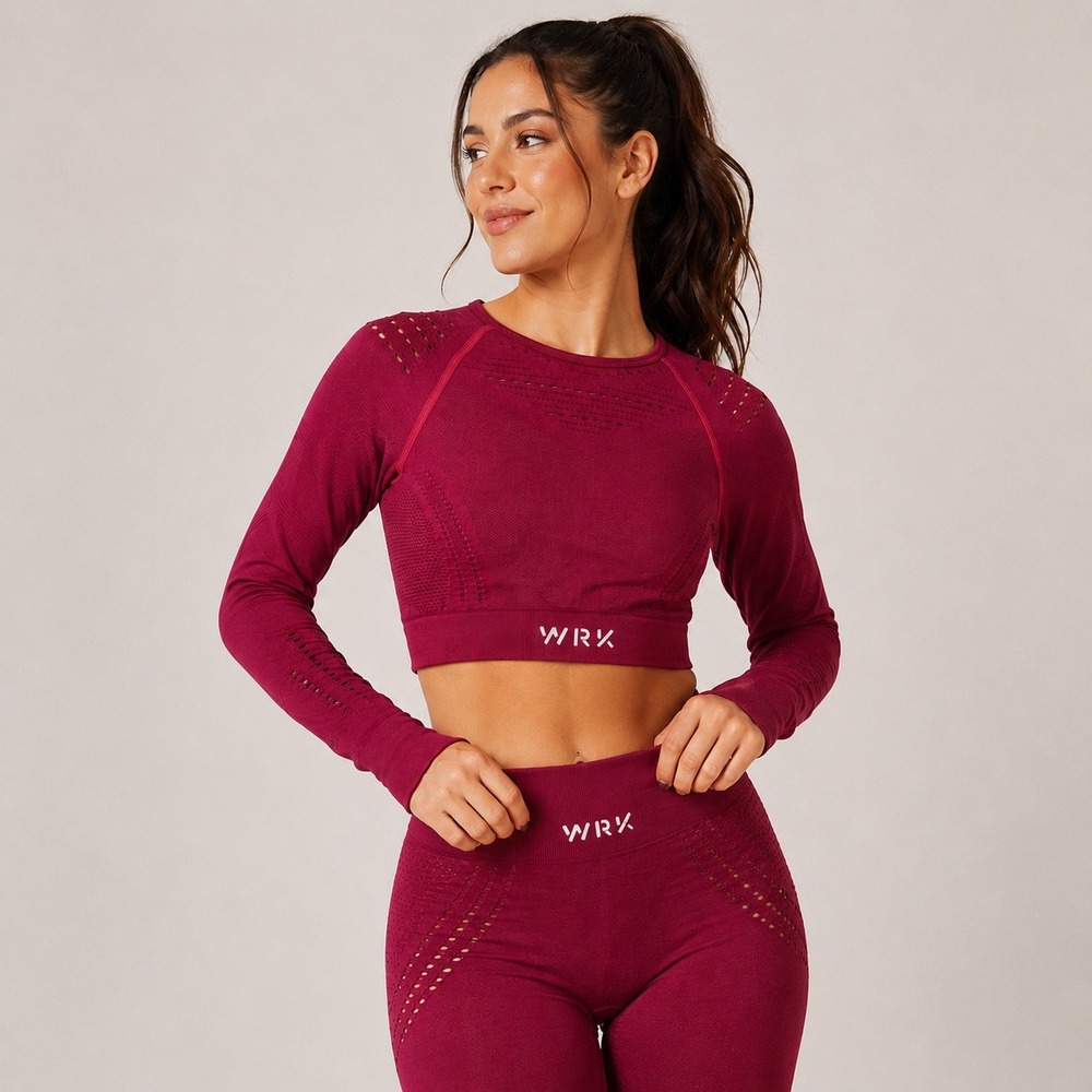 Workout Long Sleeve Crop Top Women L Burgundy Seamless Thumbhole Gym Yoga Sporty